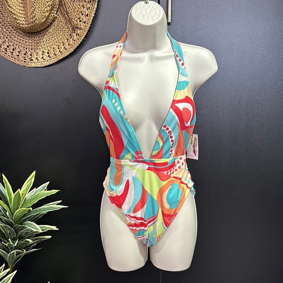 Jessica Simpson low V neck,sexy tie back,removable pads,colorful print 1 pc swim - Picture 1 of 14